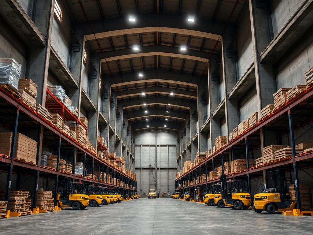 Interior of a Prime Net Logistics warehouse with pallet racking and forklifts